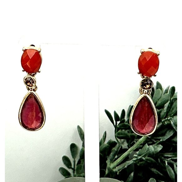 Vintage Red and Pink Teardrop Dangle Earrings With Gold Accents - Picture 4 of 5